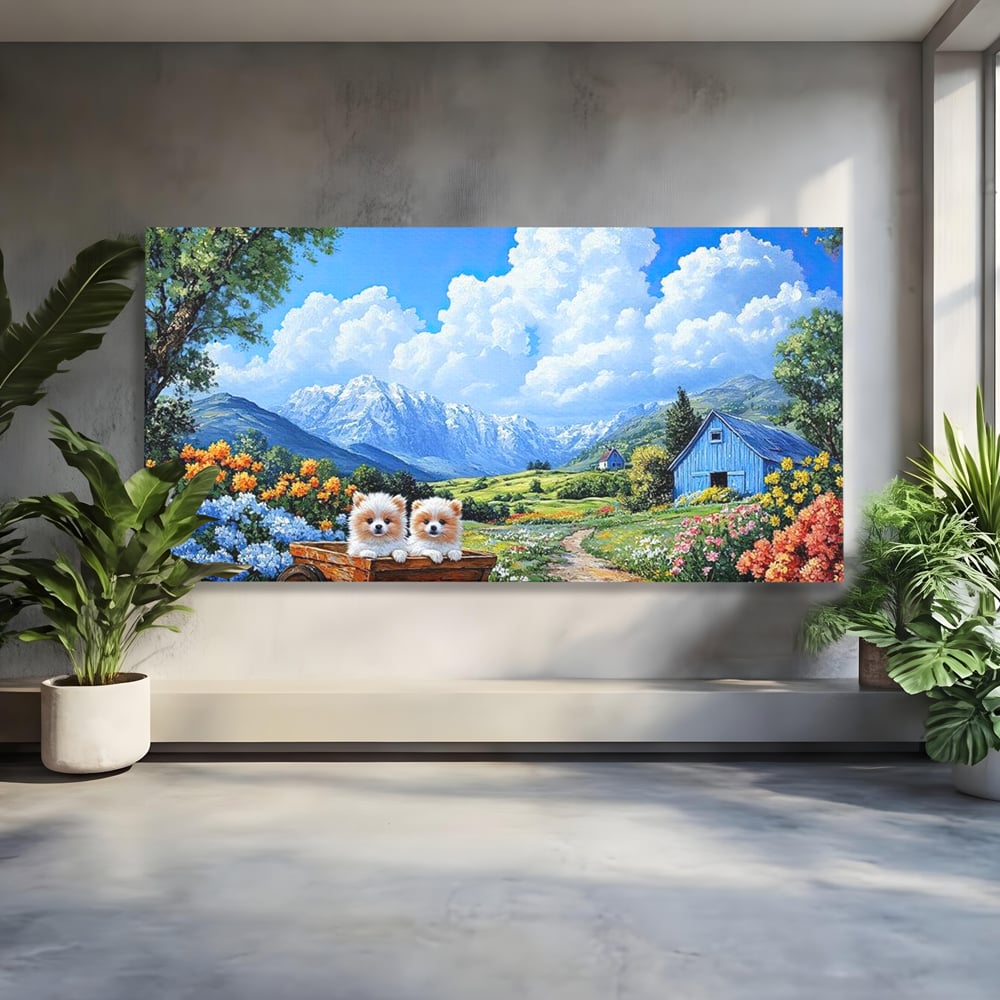 Tablou canvas cu tablou canvas cu catei in caruta si munti, fara rama, pe sasiu de lemn